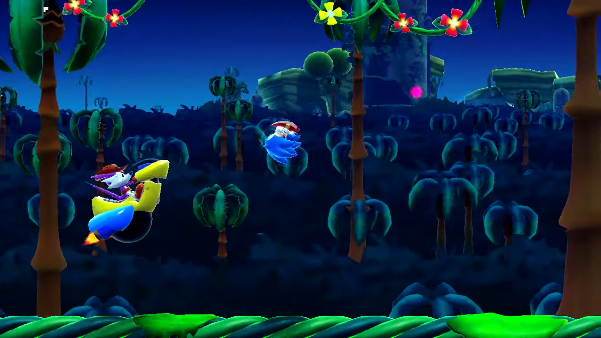 A screenshot from the Switch version of Sonic Superstars showing Sonic in a boss battle against Fang